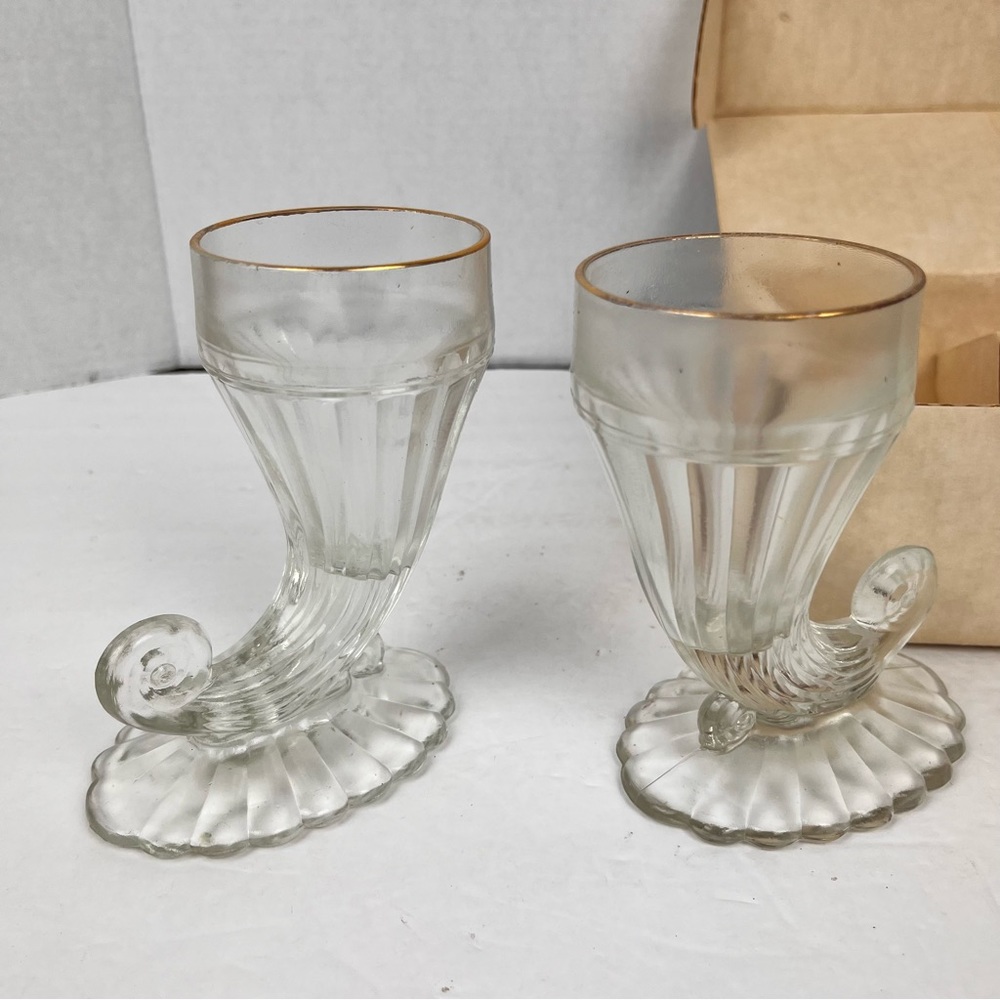 Vtg-Jeanette Glass-mini cornucopia candle holder/decor set-22kt gold accent-IOB